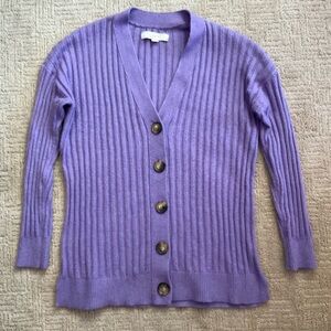 💜 🍂 LOFT Lavender Ribbed Cotton Blend Button-Up Cardigan Sweater Sz S